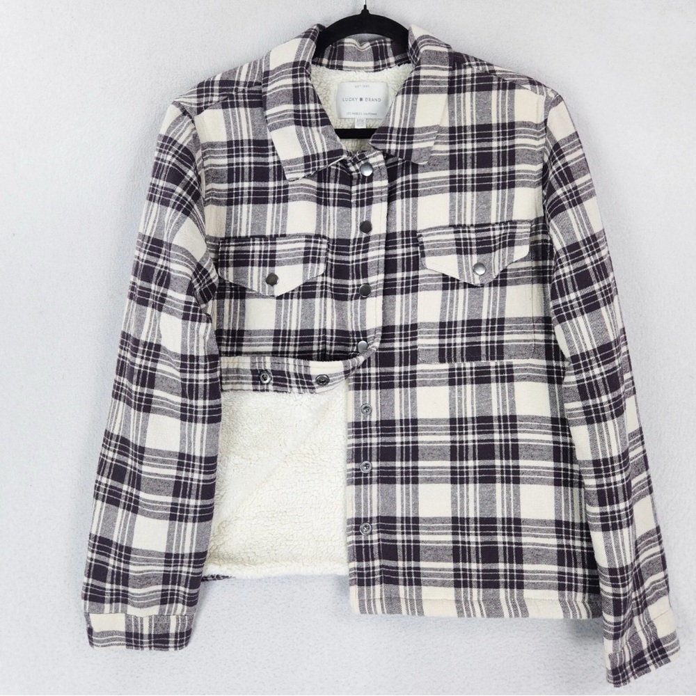 Lucky Brand Plaid Sherpa Fleece Lined Long Sleeve Button Up Shacket Sz L Pockets